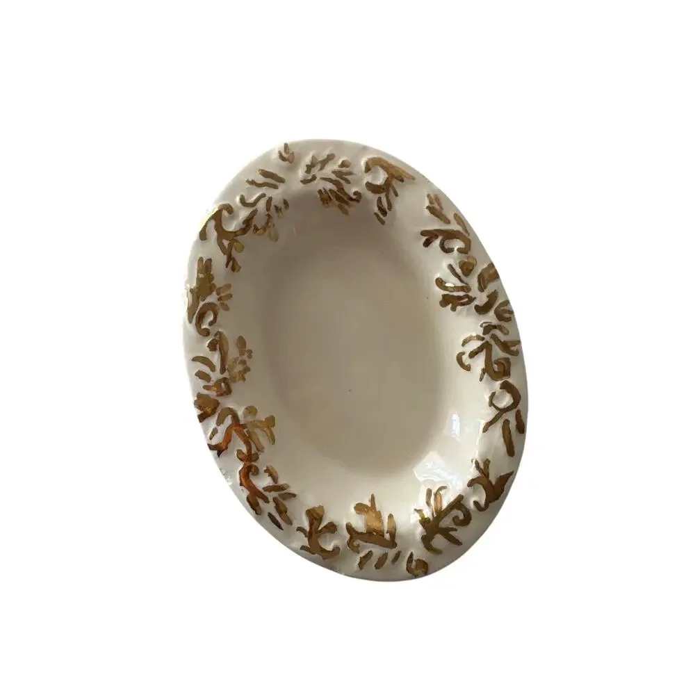Vintage Ivory Ceramic Catchall Trinket Dish Raised Gold Gilt Footed Oval 6”
